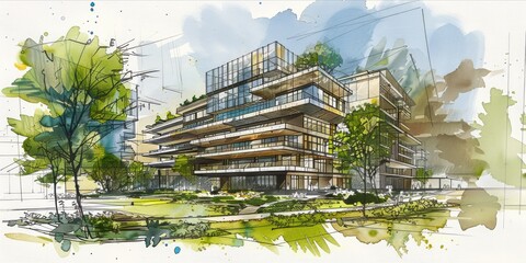 Sketch of a modern building amidst greenery.