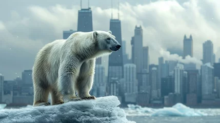 Fotobehang A polar bear stands solemnly on a dwindling iceberg, juxtaposed against a futuristic urban skyline © Nakarin