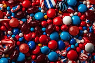 Fototapeta na wymiar Assorted Red, White, and Blue Candies Piled Together