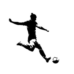 Fototapeta na wymiar Soccer, woman playing football, female soccer player kicking ball, isolated vector silhouette, rear view