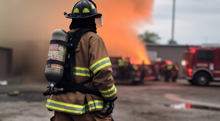 A firefighter stands in front of a fire, ready to take action to control the flames - obrazy, fototapety, plakaty