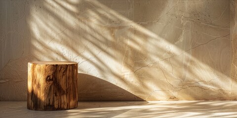 Wooden log stool in a room with shadow patterns on the wall.