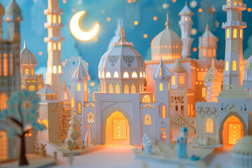 An exquisite paper craft depicting a mosque, crescent moon, and enchanting street view, perfect for celebrating the joys of Ramadan Kareem.