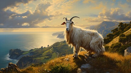 A sheep with curled horns in front of a picturesque on mountain