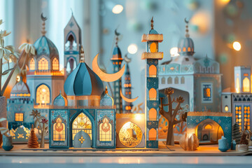 An exquisite paper craft depicting a mosque, crescent moon, and enchanting street view, perfect for celebrating the joys of Ramadan Kareem.
