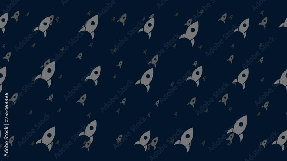 Poster rocket symbols float horizontally from left to right. parallax fly effect. floating symbols are loca