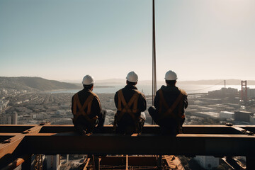 Engineers sitting on iron crane construction site