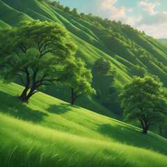 Spring Landscape with Green Hills and Blue Sky,