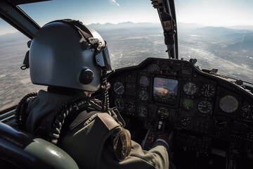 A back view of airman in a fighter jet cockpit, soaring through the air