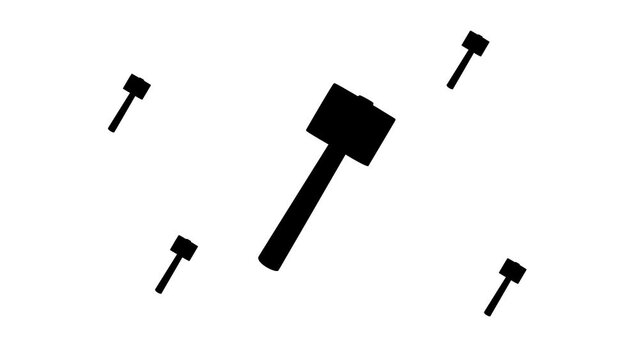 Zoom in and out animation the mallet symbol. Large black symbol in the center and four small symbols around. Seamless looped 4k animation on white background