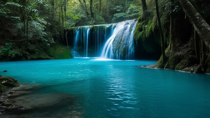 A dynamic waterfall flowing into a vibrant blue river