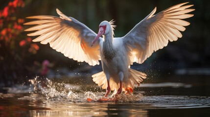 White crested ibis splashes in lake water and sunset
 - obrazy, fototapety, plakaty