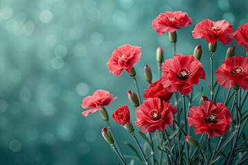 Bouquet of red carnations (Dianthus caryophyllus) on green blue background with space for text