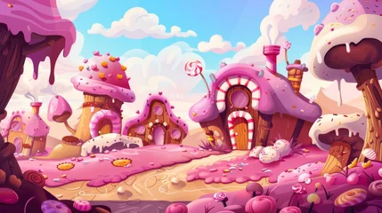 Fototapeten A fantasy sugar world with cakes and cookies, caramel and ice cream houses. Cartoon modern landscape scene of a cute fantasy fairy sugar world with sweet dessert houses. © Mark