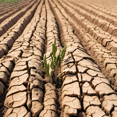 Lonely green sprout in dry cracked ground,desolate, harsh conditions, determination
