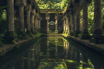 Serene scene featuring a solitary eye of providence symbol floating above a reflective pool of water, framed by ancient stone columns and lush greenery.