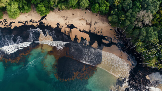 Oil spill at a coastal line in the sea, petroleum pollution on a beach, aerial view