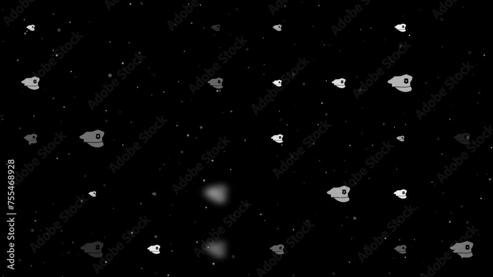 Poster template animation of evenly spaced police cap symbols of different sizes and opacity. animation of 
