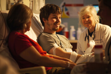 A volunteer receiving a bandage after donating blood, by caring medical professionals in a warm and inviting recovery area.
