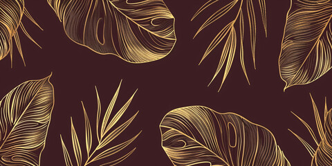 Banner with golden outlines of tropical plant leaves on dark burgundy red background - obrazy, fototapety, plakaty