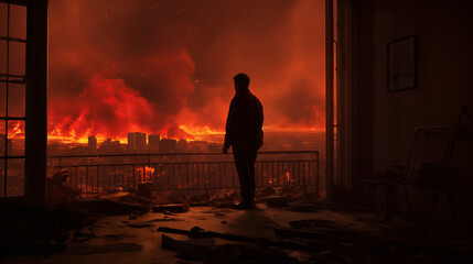 A man stands in front of a massive fire, casting shadows in the night