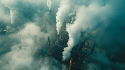 Fototapeta premium Aerial view on smoking factory pipes, smoke coming out of chimneys, ecological issues, social issues