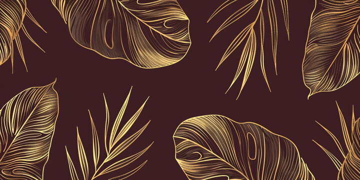 Banner with golden outlines of tropical plant leaves on dark burgundy red background