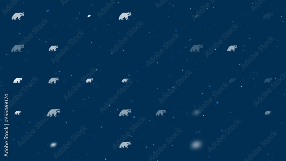 Poster template animation of evenly spaced raccoon symbols of different sizes and opacity. animation of tra