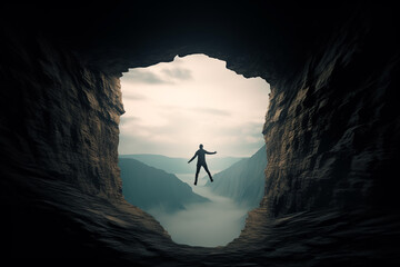 A man floats in air inside a cave with his arms outstretched in a powerful posture - obrazy, fototapety, plakaty