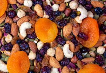 Mix of nuts and dried fruits isolated on a white background.