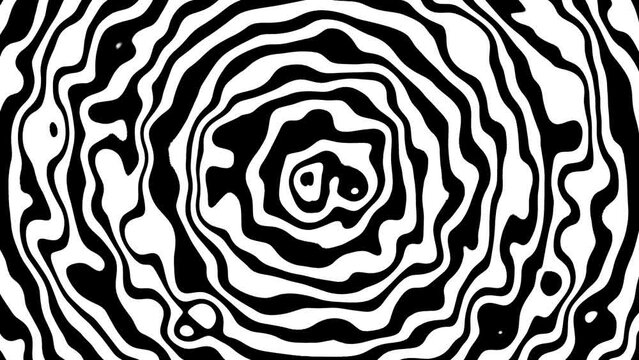 Kaleidoscopic abstract background of black and white wave circles. Seamless hypnotic psychedelic animation a geometric backdrop