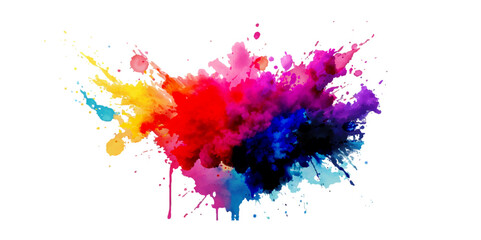 Bright colorful watercolor splash splatter stain brush strokes on white background. Modern vibrant aquarelle spot. Rainbow trendy isolated design on white. Element. Vector watercolor illustration.	