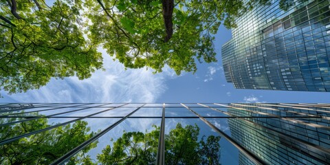 Skyscrapers with glass facades reflecting green trees against a blue sky