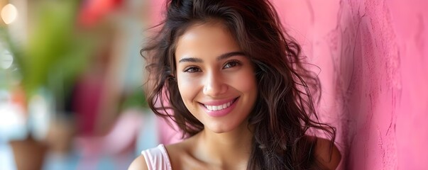 Fototapeta premium Happy Indian woman young and beautiful pink background . Concept Joyful Portraits, Colorful Props, Beauty Photography, Indian Culture, Vibrant Backgrounds
