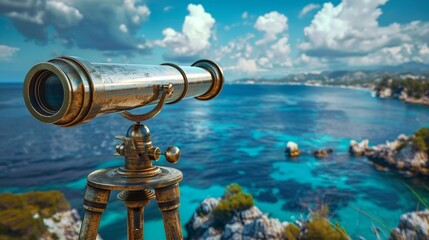 Antique brass telescope overlooking the sea - obrazy, fototapety, plakaty