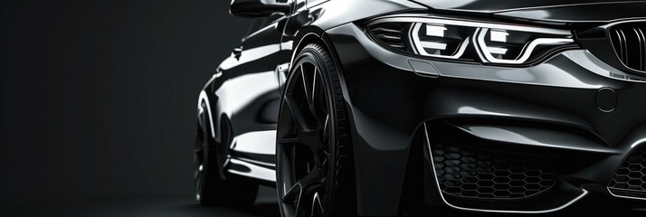 A close-up of a sleek, luxury black car's front side, highlighting the design and details under...