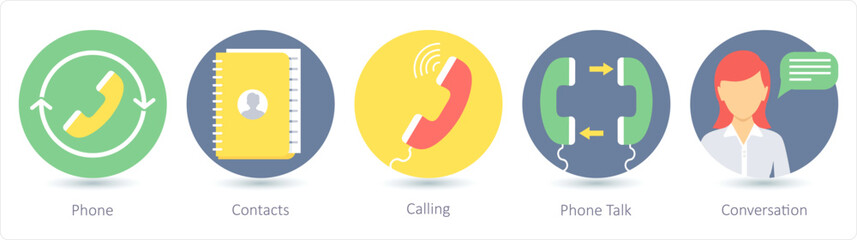 A set of 5 communication icons as phone, contacts, calling