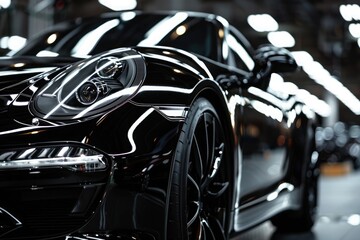 A close-up of a sleek, luxury black car's front side, highlighting the design and details under dramatic lighting