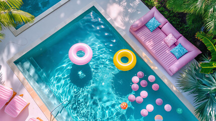  Luxury swimming pool with an aesthetic kawaii pastel inflatable mattress floating in clear water, high angle aerial view, scenic, in the style of pop art trendy party lifestyle - obrazy, fototapety, plakaty