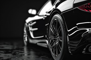 A close-up of a sleek, luxury black car's front side, highlighting the design and details under...
