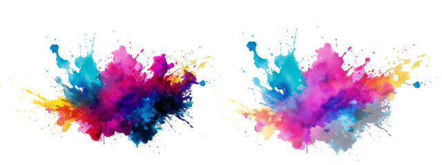 Bright colorful watercolor splash splatter stain brush strokes on white background. Modern vibrant aquarelle spot. Rainbow trendy isolated design on white. Element. Vector watercolor illustration.	