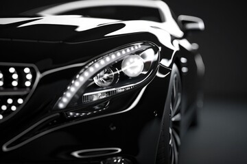 A close-up of a sleek, luxury black car's front side, highlighting the design and details under dramatic lighting
