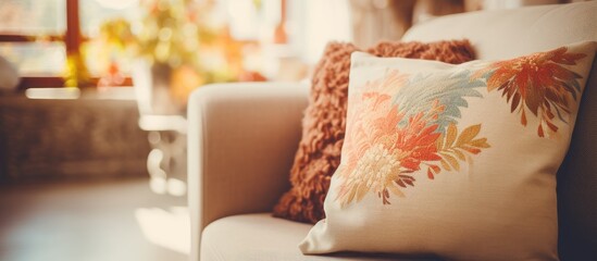 A close-up view of a decorative pillow resting on a couch in a living room interior, showcasing intricate patterns and textures. The vintage film filter adds a timeless touch to the scene.