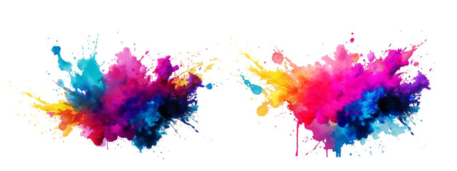 Bright colorful watercolor splash splatter stain brush strokes on white background. Modern vibrant aquarelle spot. Rainbow trendy isolated design on white. Element. Vector watercolor illustration.	