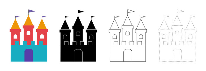 Fairytale castle set vector illustration isolated. Color, black silhouette, black outline and dashed line icons.