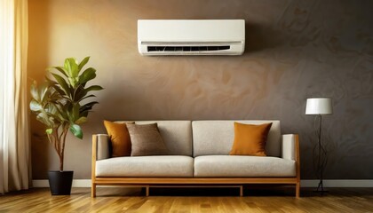 Air conditioner on wall background placed at front in living room. Selective focus. 