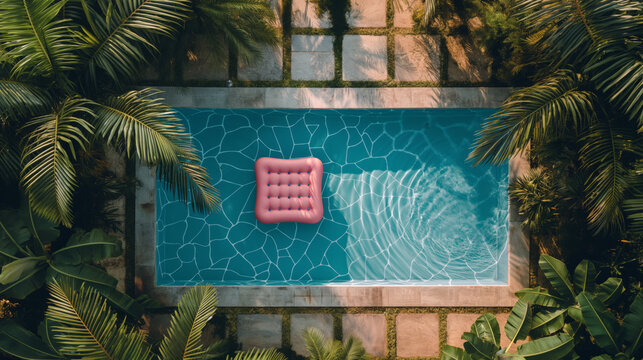  Luxury swimming pool with an aesthetic kawaii pastel inflatable mattress floating in clear water, high angle aerial view, scenic, in the style of pop art trendy party lifestyle