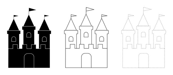 Fairytale castle set vector illustration isolated. Black silhouette, black outline and dashed line icons.