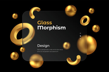 Dark background of 3d geometric shapes with glassmorphism rectangle plate in the center. Vector illustration - 755470904