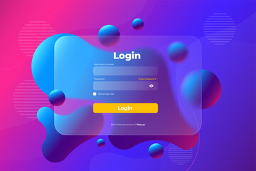 Glass morphism Login page template. Rectangle shape of transparent glass with blur effect. Liquid shapes morphism abstract art.Vector illustration